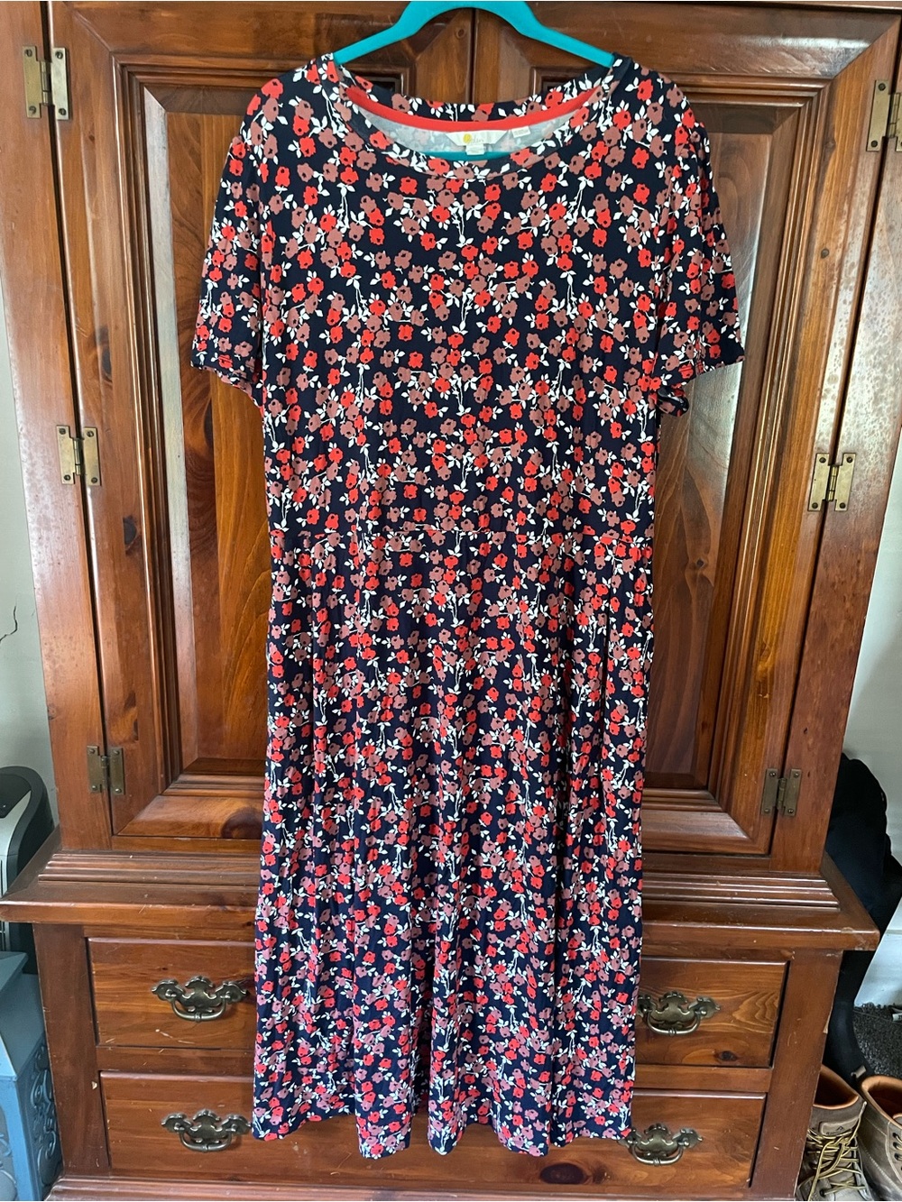 Boden Navy Midi Dress with Red Floral Print
